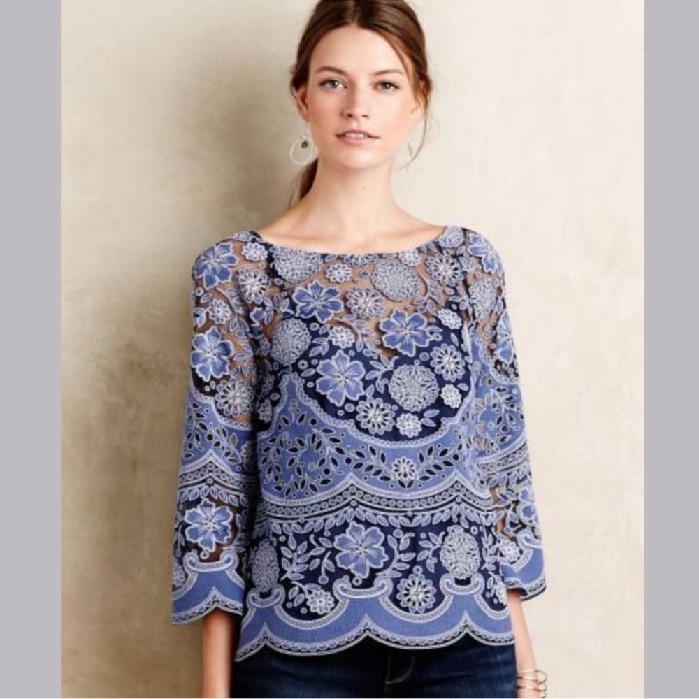 Anthropologie by HD in Paris Blue Lace Women's Top